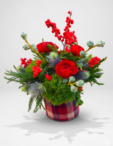 Flower box scozzese rosso e argento con riflessi azzurri