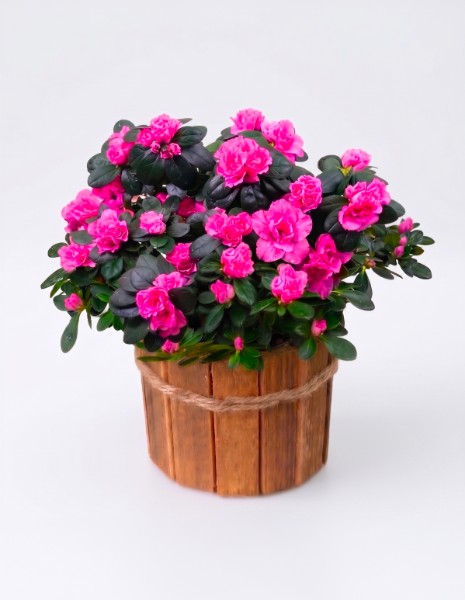 AZALEA fucsia con vaso/contenitore e corda in legno