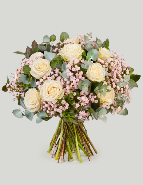 BOUQUET LUDOVICA Rose bianche con gypsophila rosa ed eucalipto