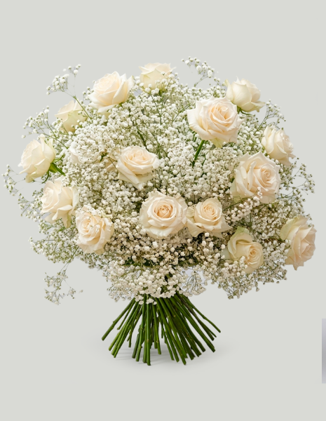 BOUQUET NIOBE Rose bianche con nuvola di gypsophila bianca