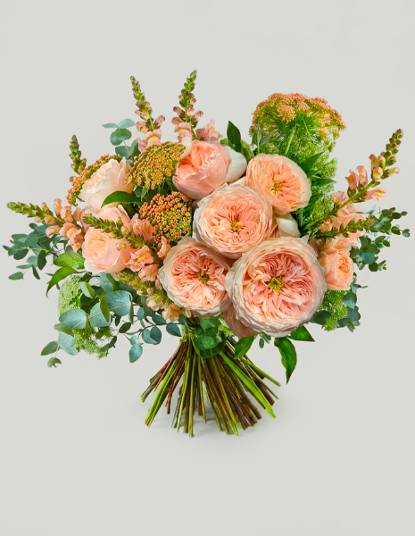 BOUQUET VESTA rose inglesi color pesca, bocca di leone e ammi visnaga