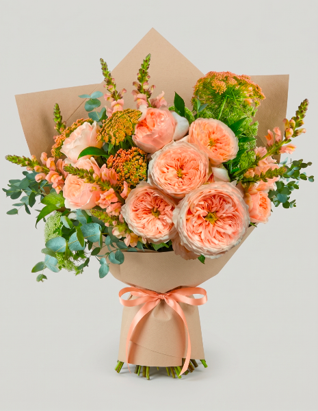 BOUQUET VESTA rose inglesi color pesca, bocca di leone e ammi visnaga