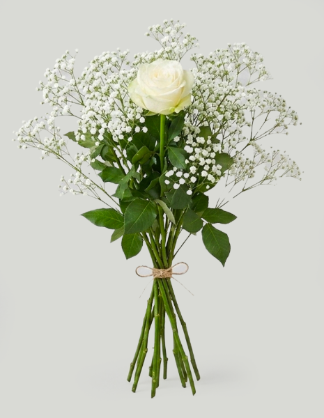 ROSA BIANCA MONDIAL a stelo singolo con nuvola di gypsophila bianca