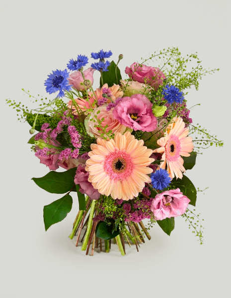 BOUQUET AGATA Lisianthus rosa intenso, gerbere rosa chiaro, fiordalisi lilla, limonium