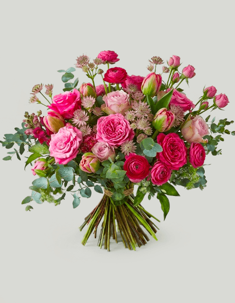 BOUQUET PRIA Rose fucsia, ranuncoli fucsia, tulipani fucsia roselline, astranzia
