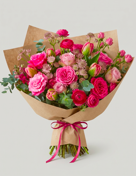 BOUQUET PRIA Rose fucsia, ranuncoli fucsia, tulipani fucsia roselline, astranzia