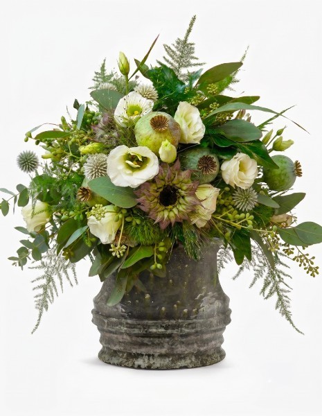 BOUQUET CECILIA Papaveri, girasoli scuri, lisianthus bianchi, echinops, eucalipto
