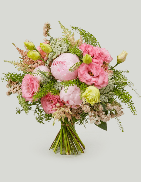 BOUQUET CLOTILDE Peonie rosa, lisianthus rosa e fucsia, astilbe rosa, statice rosa