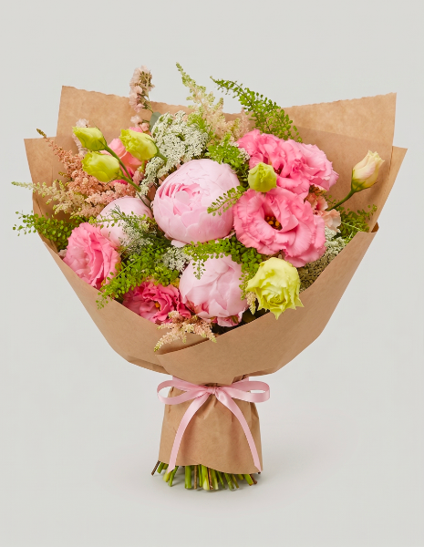 BOUQUET CLOTILDE Peonie rosa, lisianthus rosa e fucsia, astilbe rosa, statice rosa