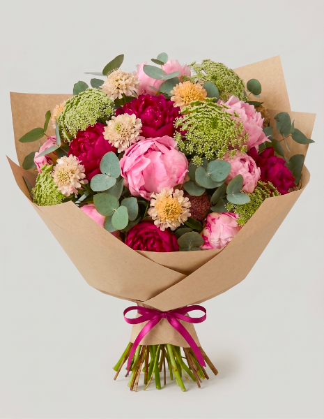 BOUQUET DALILA Peonie bordeaux e rosa, scabiosa, Ammi visnaga ed eucalipto