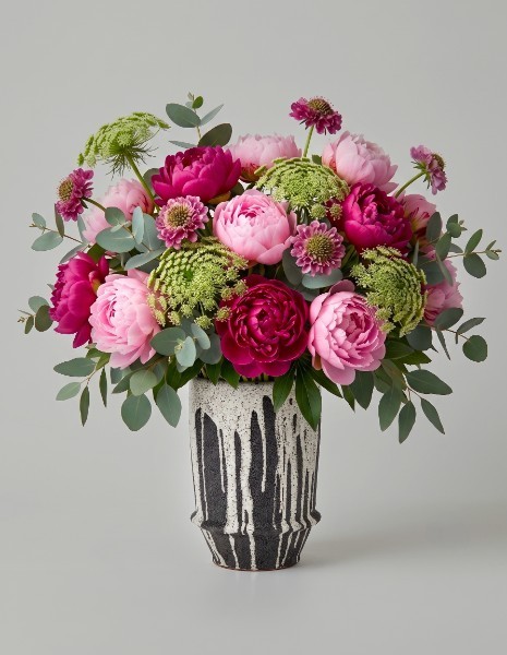 BOUQUET DALILA Peonie bordeaux e rosa, scabiosa, Ammi visnaga ed eucalipto