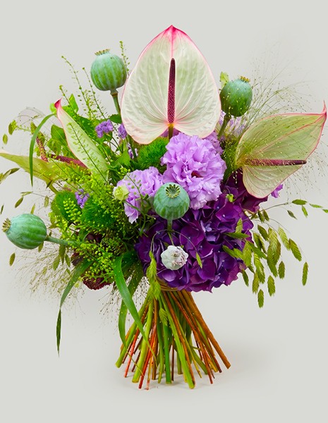 BOUQUET AMETA ortensia viola, lisiantus lilla, green trick, anturium, panicum e mantis