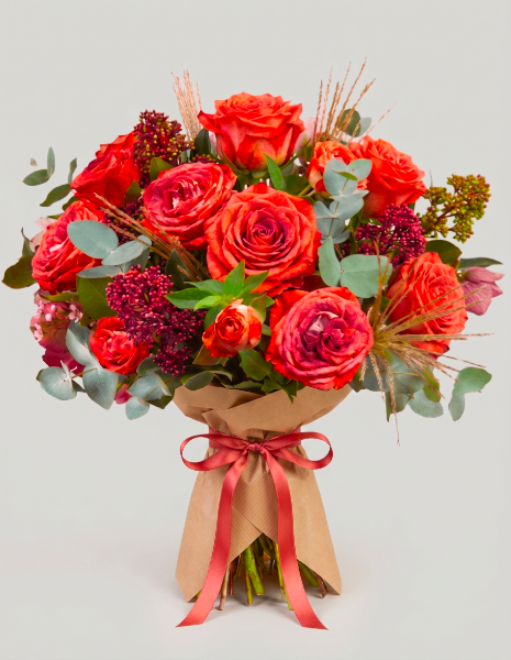 BOUQUET PRASSEDE Rose bronzo screziate e rosa antico, skimmia bordeaux, elleboro e graminacee