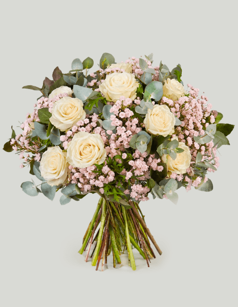 BOUQUET LUDOVICA Rose bianche con gypsophila rosa ed eucalipto