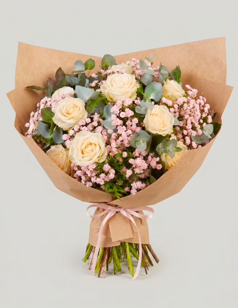 BOUQUET LUDOVICA Rose bianche con gypsophila rosa ed eucalipto