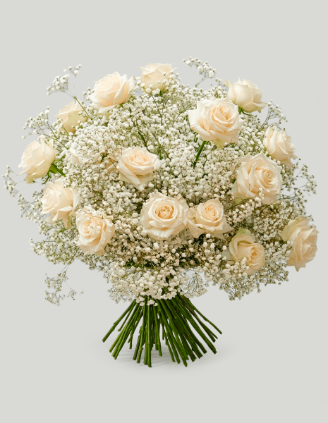 BOUQUET NIOBE 15 Rose bianche con nuvola di gypsophila bianca