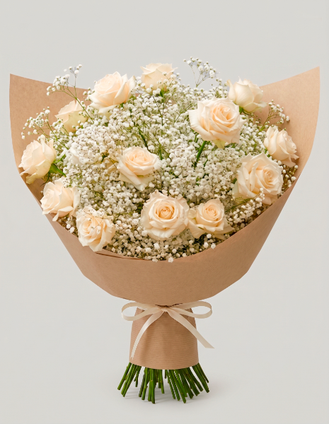 BOUQUET NIOBE 15 Rose bianche con nuvola di gypsophila bianca