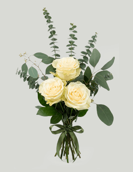 BOUQUET ATENA 3 rose bianche Mondial con eucalipto cinerea e Baby Blue