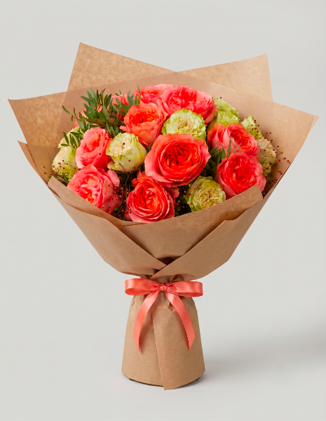 BOUQUET ANTIGONE Rose nelle tonalità del rosa, rose bianche, bacche decorative e verdi ornamentali