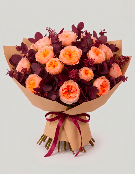 BOUQUET PERPETUA | S  - Rose inglesi color pesca con eucalipto bordeaux e bacche