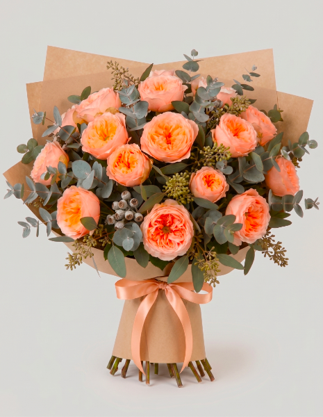 BOUQUET MEDEA | S - Rose color pesca con eucalipto populus e bacche decorative