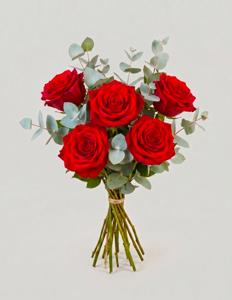 BOUQUET ANITA 5 rose rosse Explorer a stelo lungo ed eucalipto