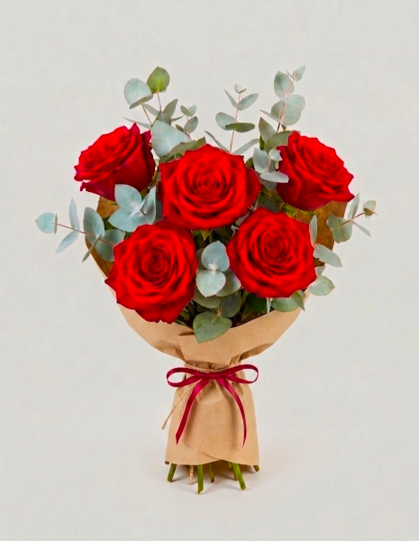 BOUQUET ANITA 5 rose rosse Explorer a stelo lungo ed eucalipto