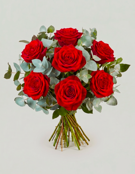 BOUQUET MILA 7 rose rosse Explorer a stelo lungo ed eucalipto