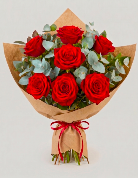BOUQUET MILA 7 rose rosse Explorer a stelo lungo ed eucalipto