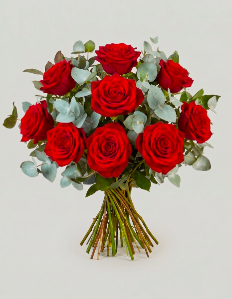 BOUQUET ESME 9 rose rosse Explorer a stelo lungo ed eucalipto