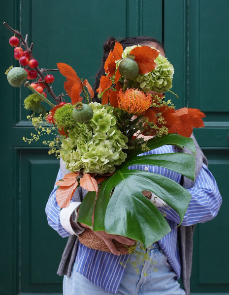 BOUQUET ZAIRA | M - Melo selvatico rosso, ortensia verde, protea nutans, papavero fresco, faggio