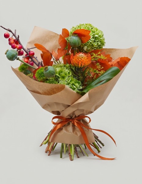 BOUQUET ZAIRA | M - Melo selvatico rosso, ortensia verde, protea nutans, papavero fresco, faggio