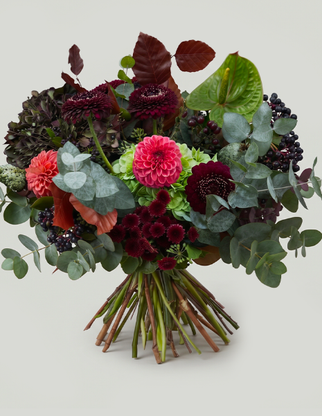 BOUQUET OFELIA Gerbera bordeaux, dalia arancio, ortensia, anthurium, eucalipto e faggio
