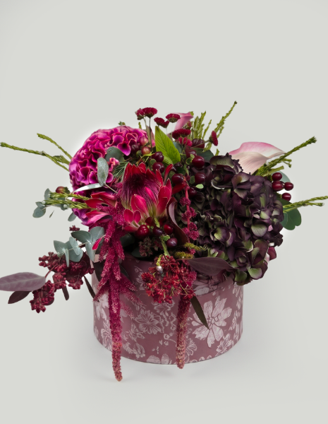 AMARANTO FLOWER BOX Protea, ortensia, celosia, calla, amaranto, crisantemi, iperico, skimmia